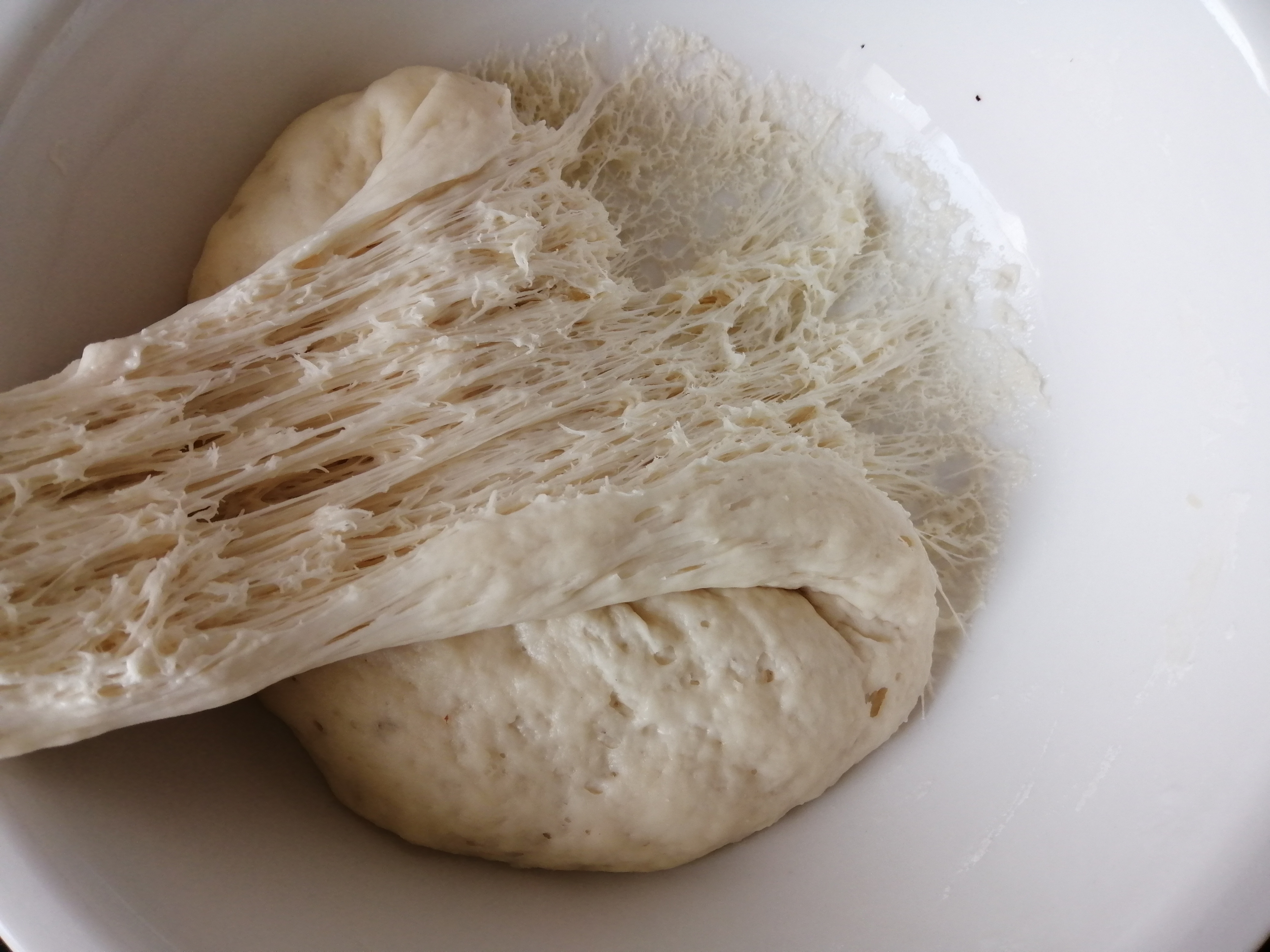 3,发酵好的中种面团,内部呈蜂窝状中种部分的面团是有点偏干的