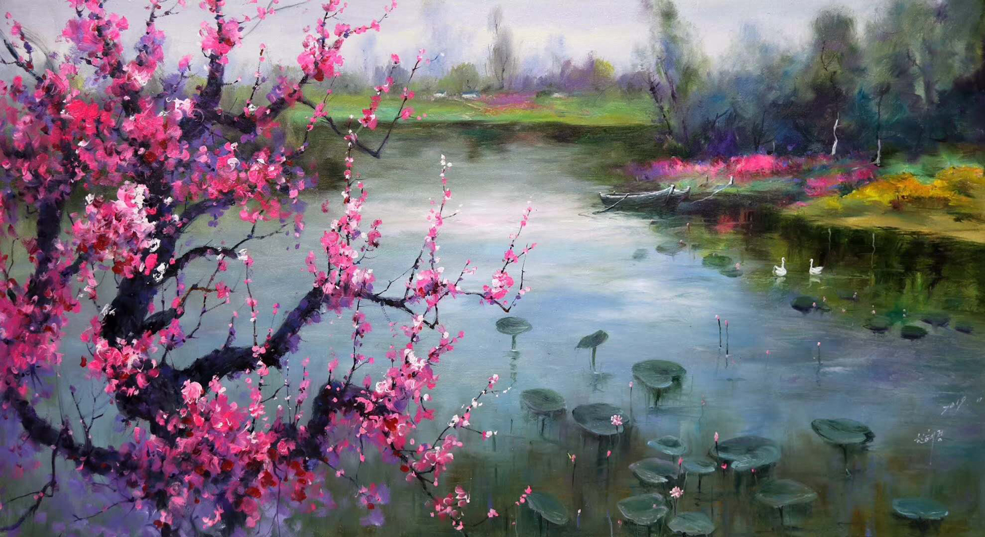油画风景,美丽的江边
