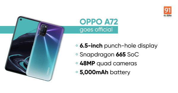 oppo a72正式亮相 后置四摄 5000mah电池 挖孔屏
