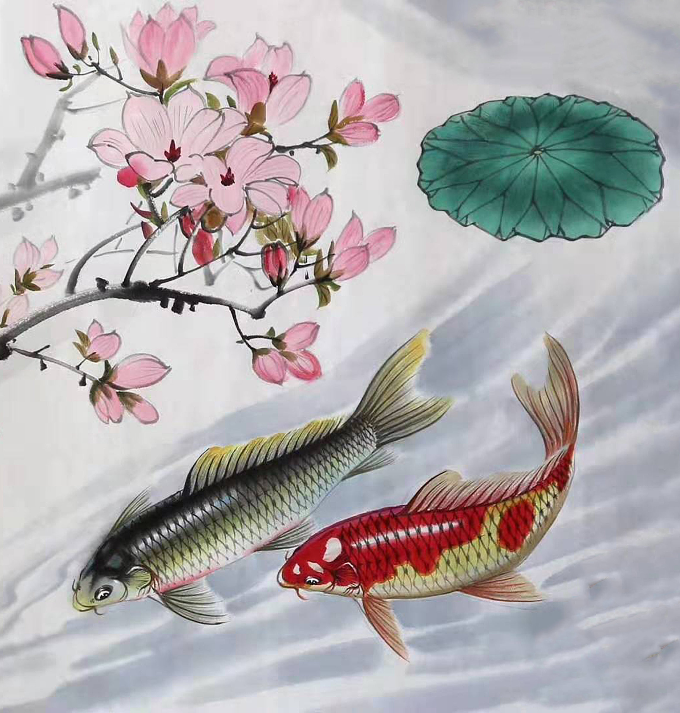 花鸟画,锦鲤荷花图(局部). 转载自百家号作者:8彩虹画室