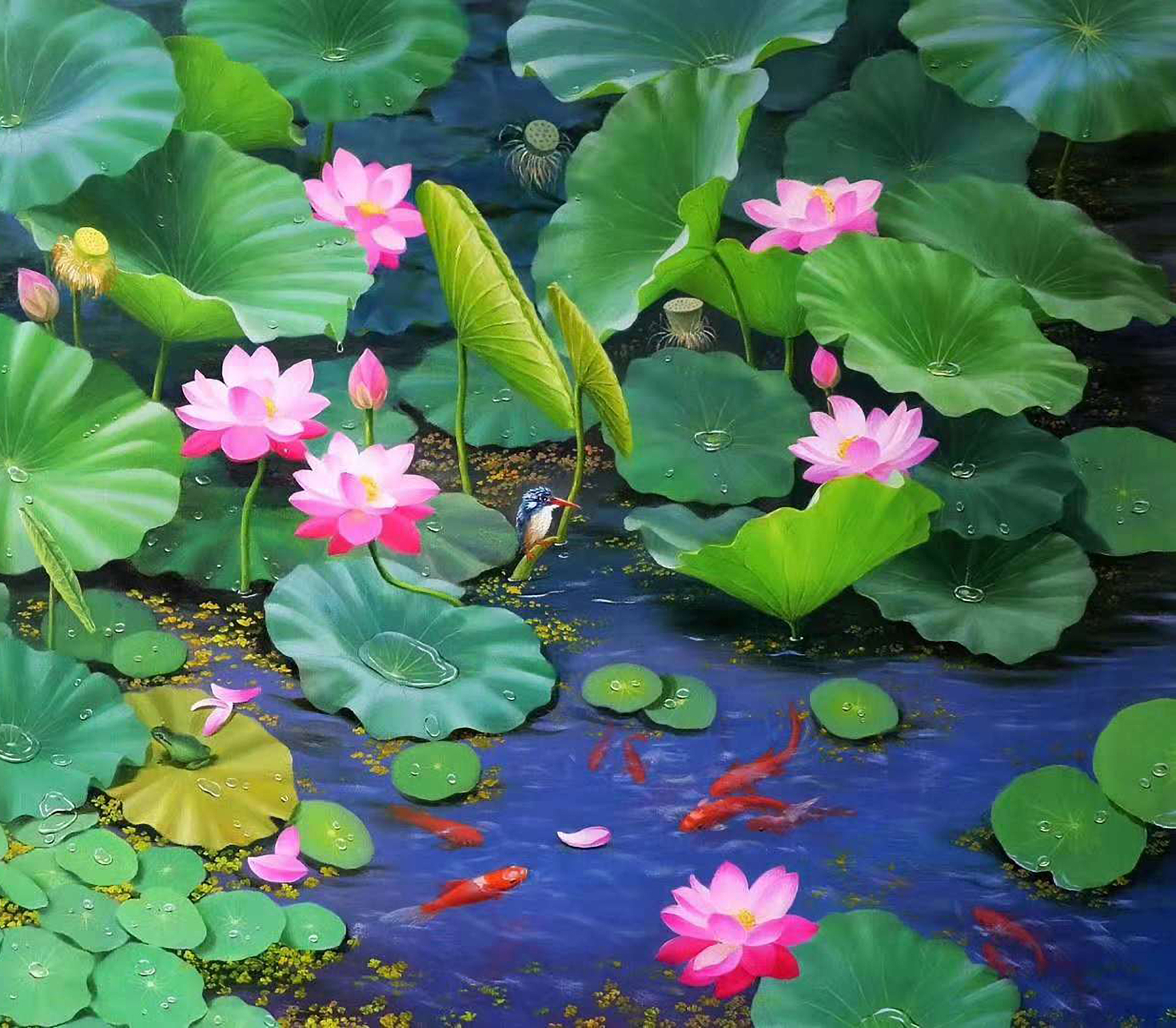 油画《锦鲤荷花》,117*81,崔光洙 转载自百家号作者:8彩虹画室