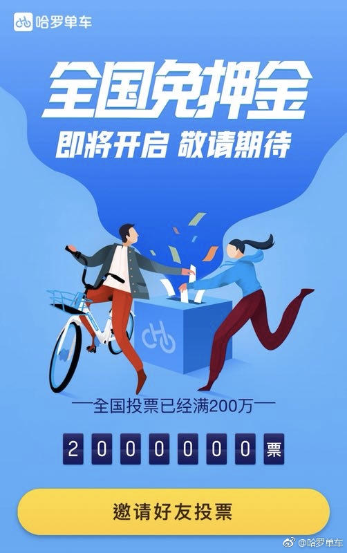 哈罗单车:全国免押金骑行即将开启