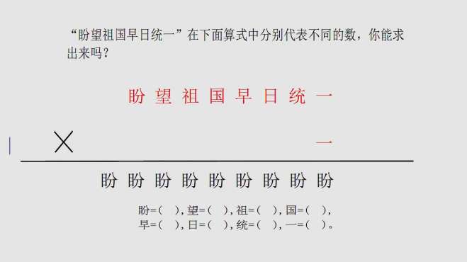 [图]盼望祖国早日统一这8个字在算式中分别代表不同的数，请你算一算