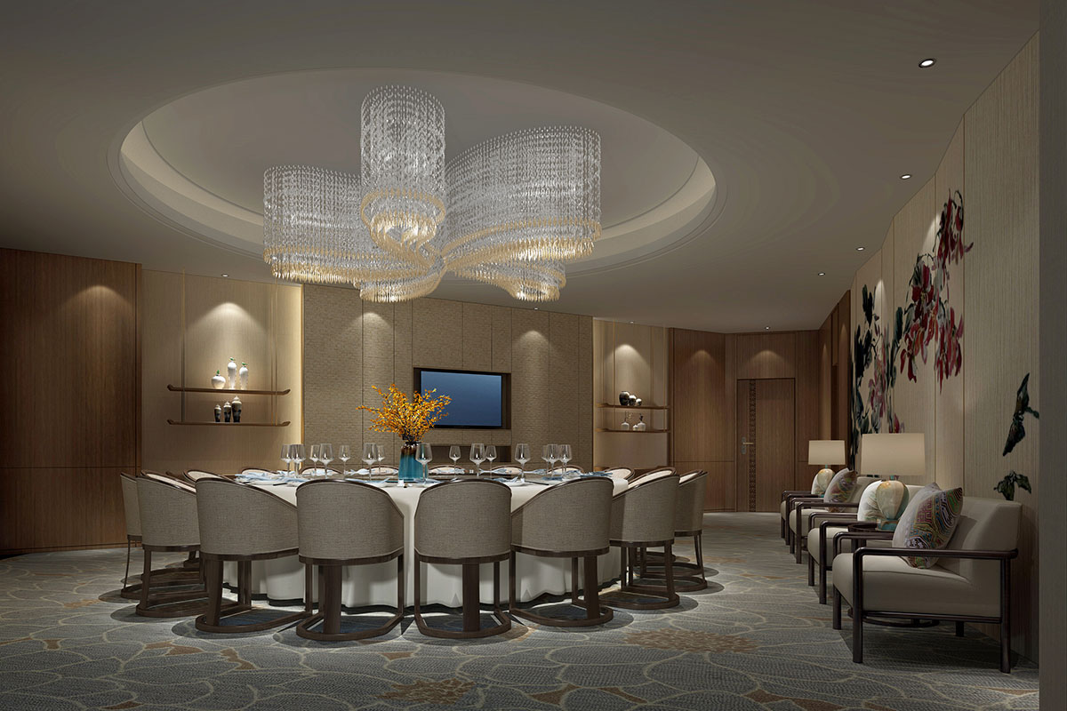 互联互通的包厢房通道,中国风花格,木雕刻壁画,白洁吊顶,长排聚光灯