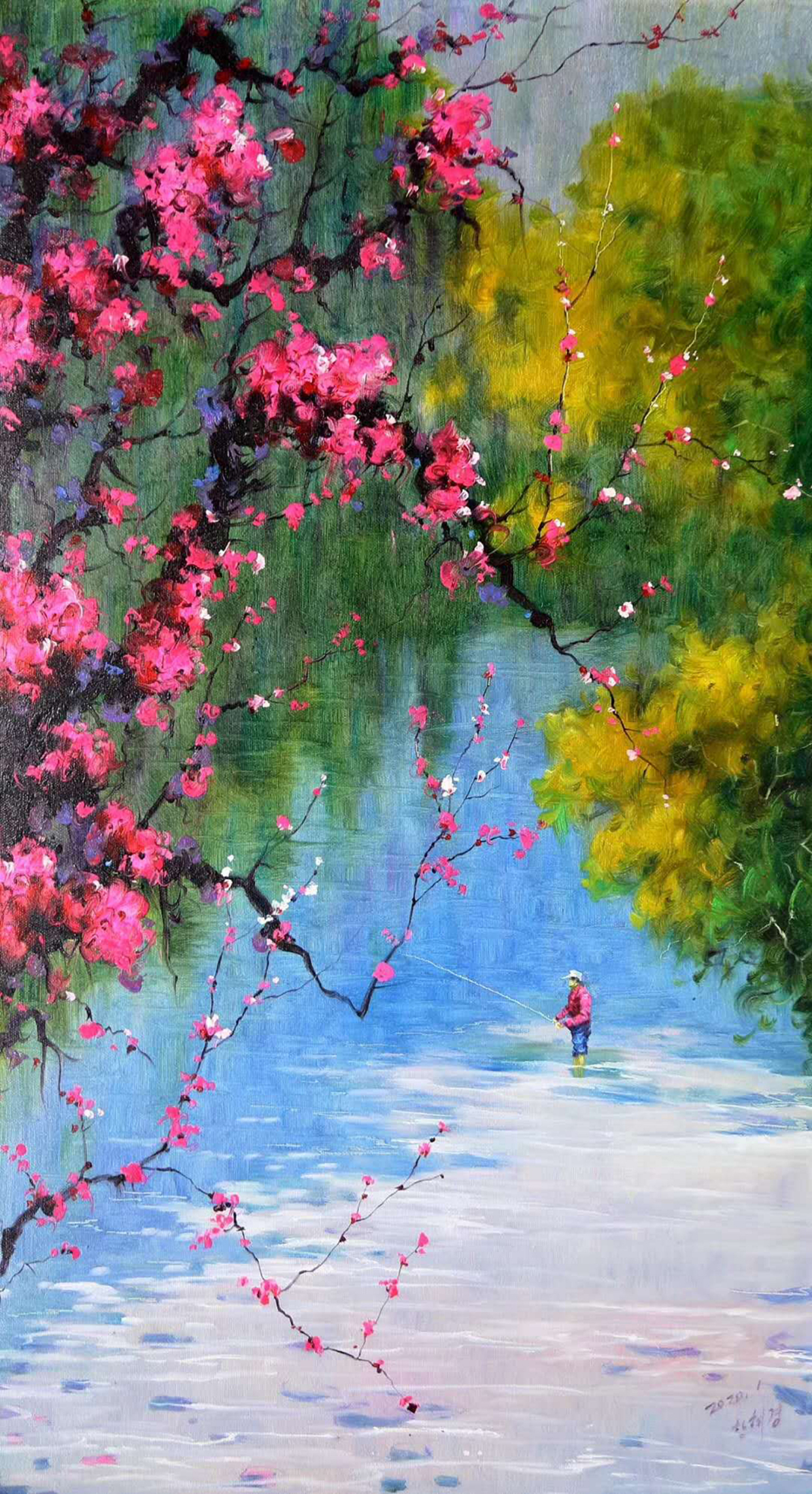 油画风景,美丽的江边