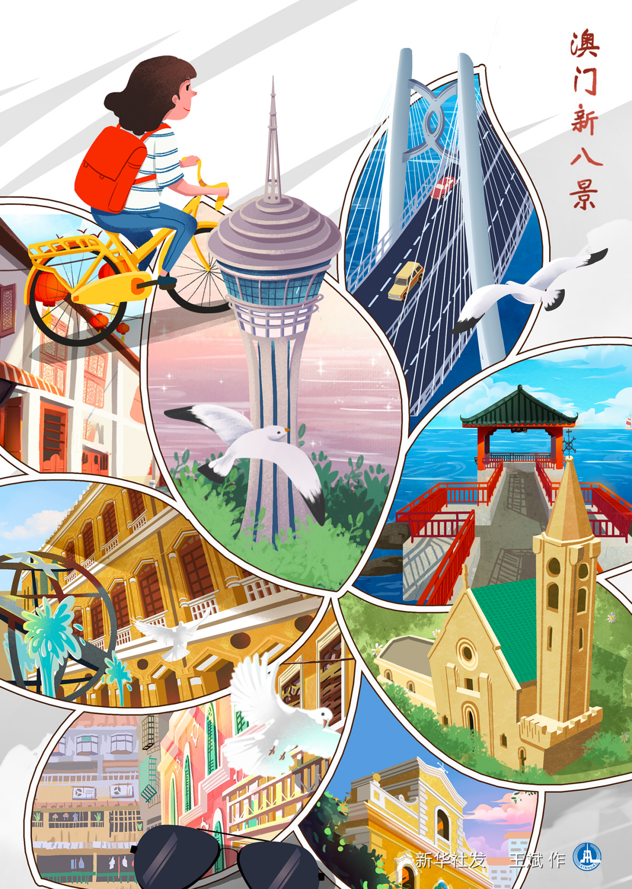 (图表·插画)「澳门回归20周年」澳门新八景(竖版)