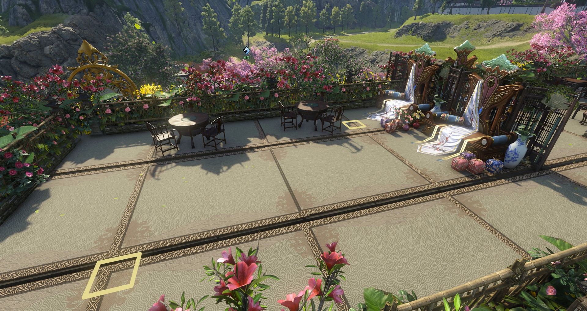 逆水寒ol游戏庄园实装图,自己diy体验动手乐趣.别苑桃林粉色系