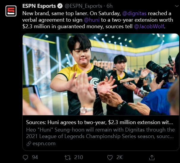 Lolhuni两年230万美金续约成为北美赛区薪金最高选手之一