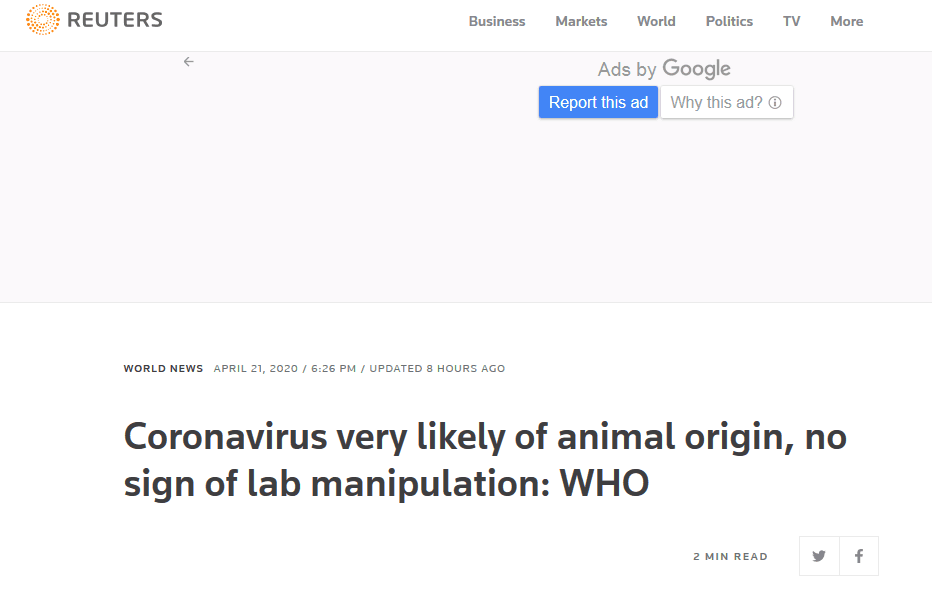 推荐▲世卫组织：就现有证据来看，新冠病毒起源自动物、而非实验室人为制造