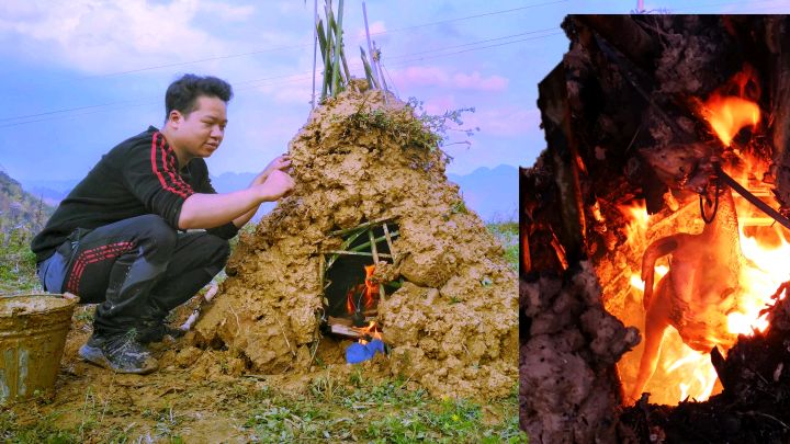 小伙用泥巴做成烧鸡炉,把鸡全部烧黑吃起来味道还不错