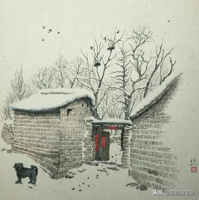雪景系列钢笔画,都是一个色调的村落
