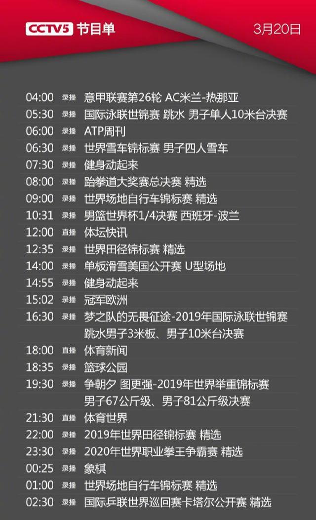 cctv5/5 頻道今天節目單(3月20日):錄播中國女排和國乒比賽