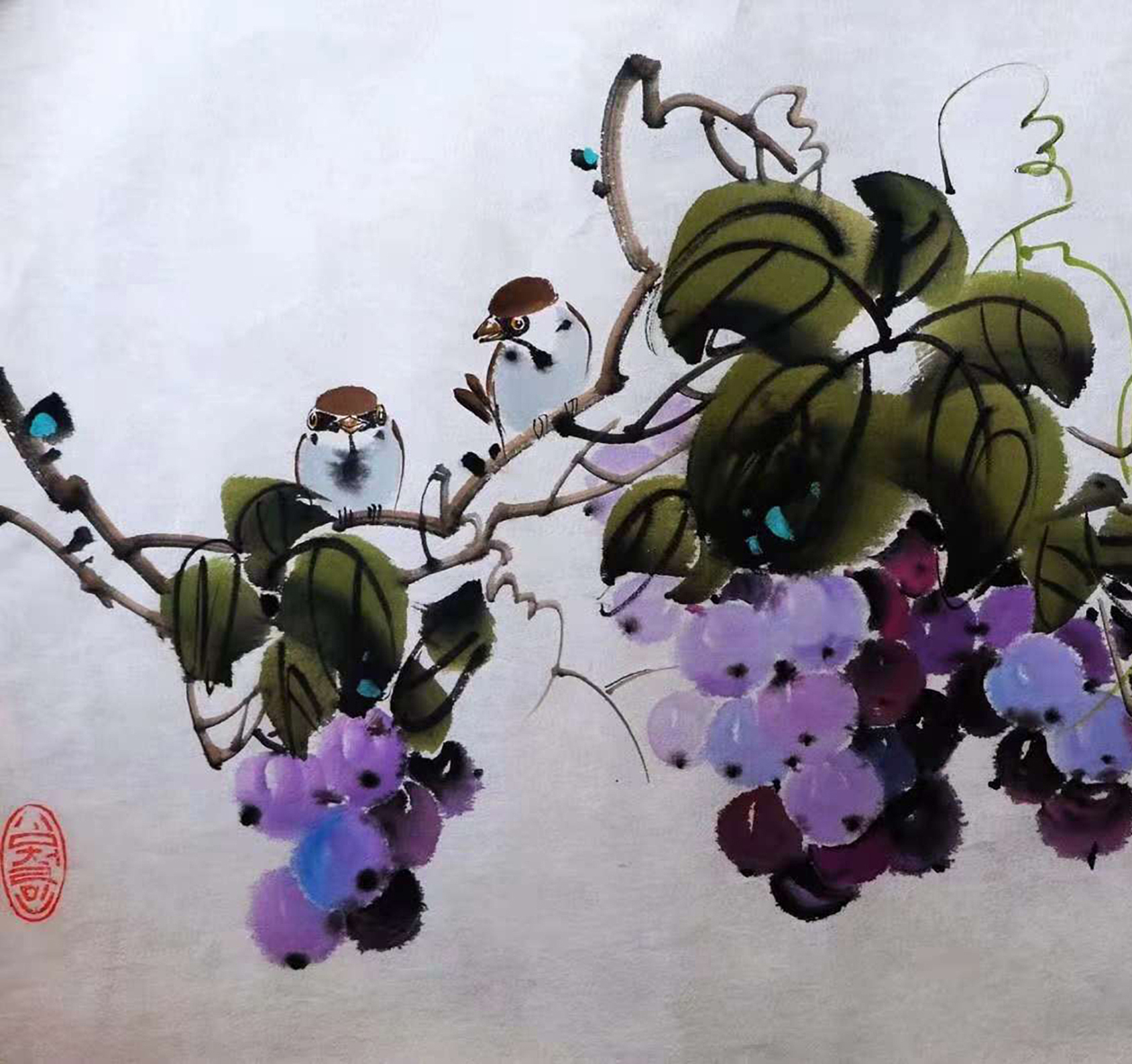 斗方花鸟画:葡萄,牡丹,红梅和麻雀组合的水墨小品