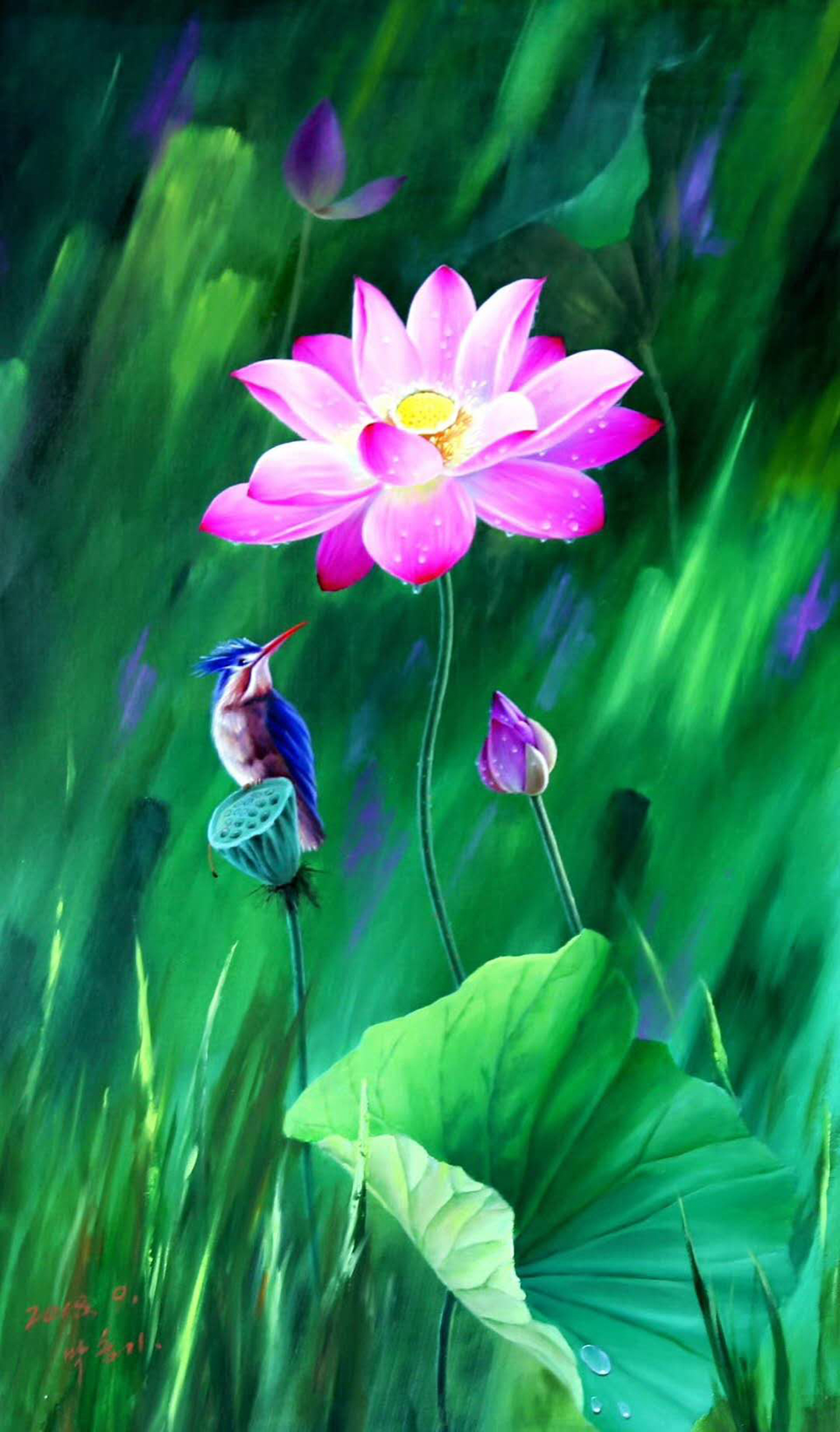 油画花鸟:一组锦鲤荷花图,请欣赏