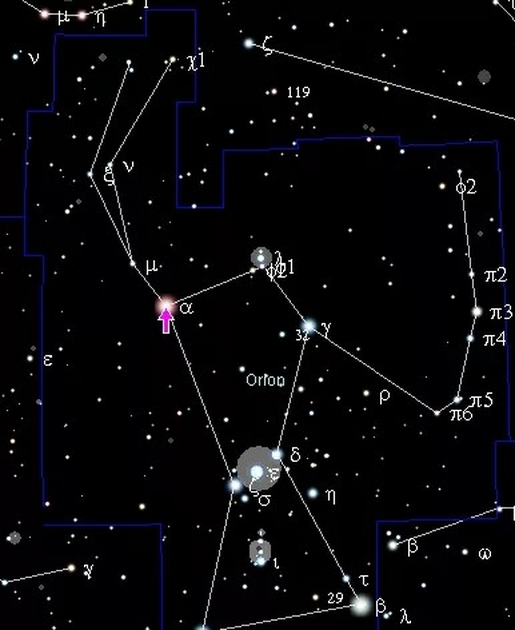 参宿四(betelgeuse),也就是拜耳命名法中著名的猎户座α(α orionis或