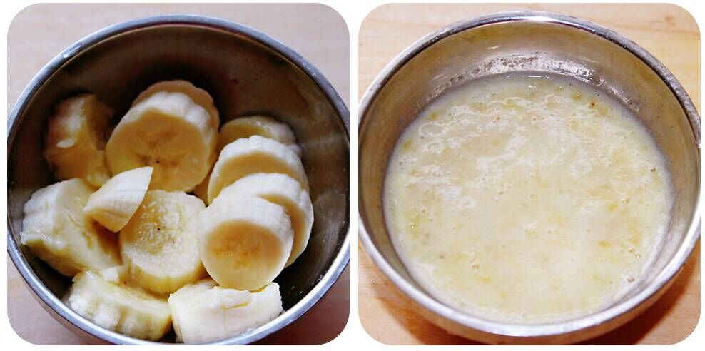 步骤:  1,将香蕉切成小块,并压成香蕉泥,用勺子刮一些苹果泥并与香蕉