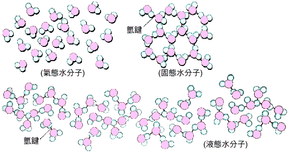 而气态,固态,液态,说白了就是水分子之间的间距发生变化造成的.