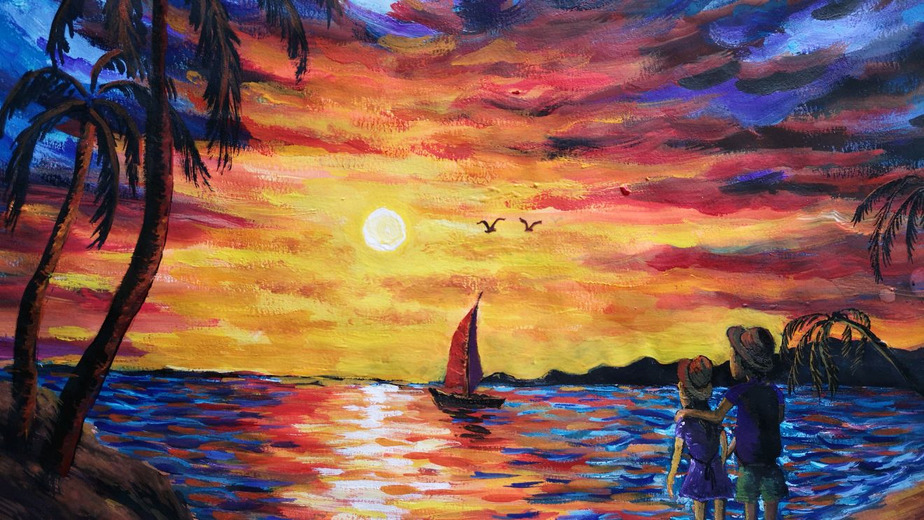 初学者学画 水粉画 夕阳海景(二)