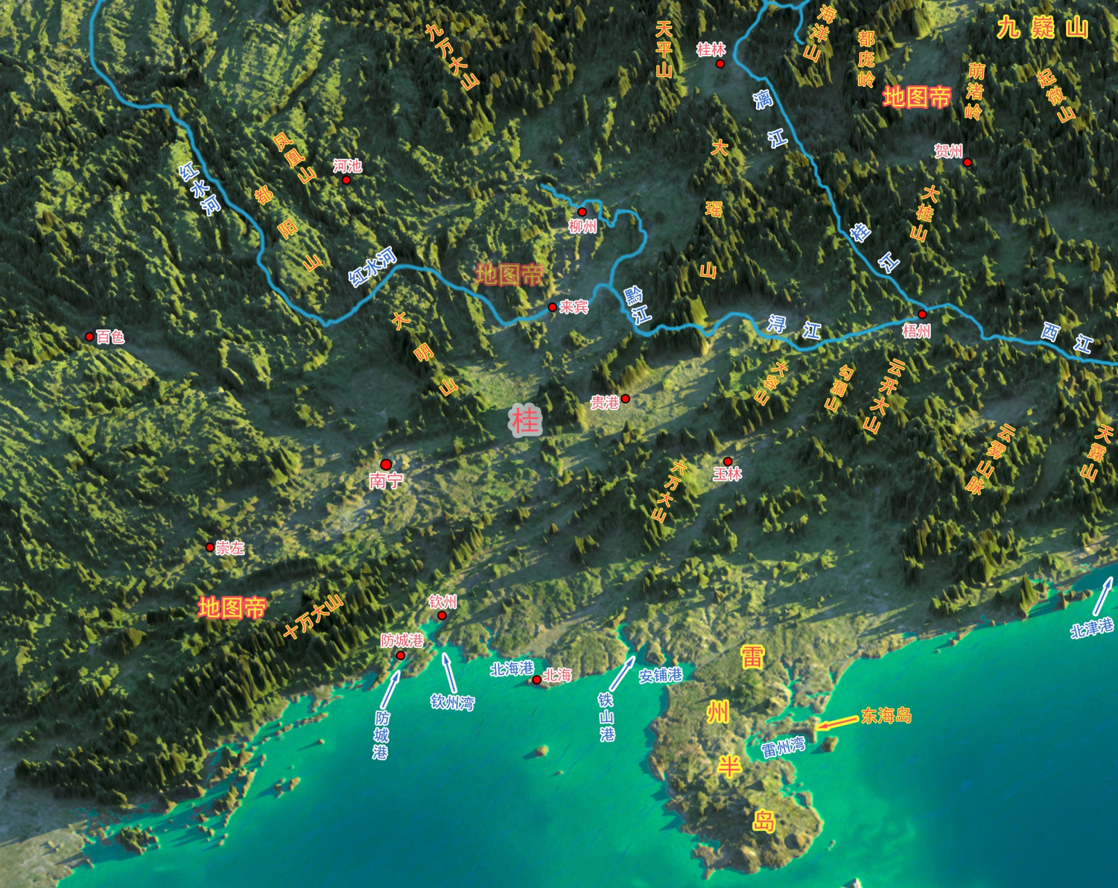 历史地图#广西地形.广西壮族自治区,简称"桂,首府南宁.