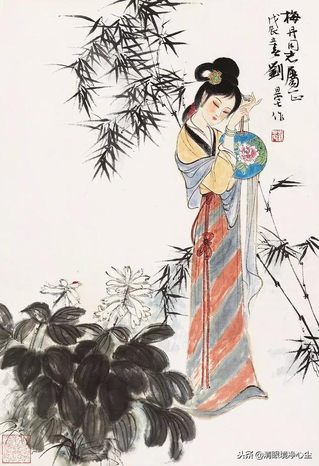 刘旦宅执扇仕女 戊辰(1988)年作 题识:梅丹同志属正,戊辰立春刘旦宅作