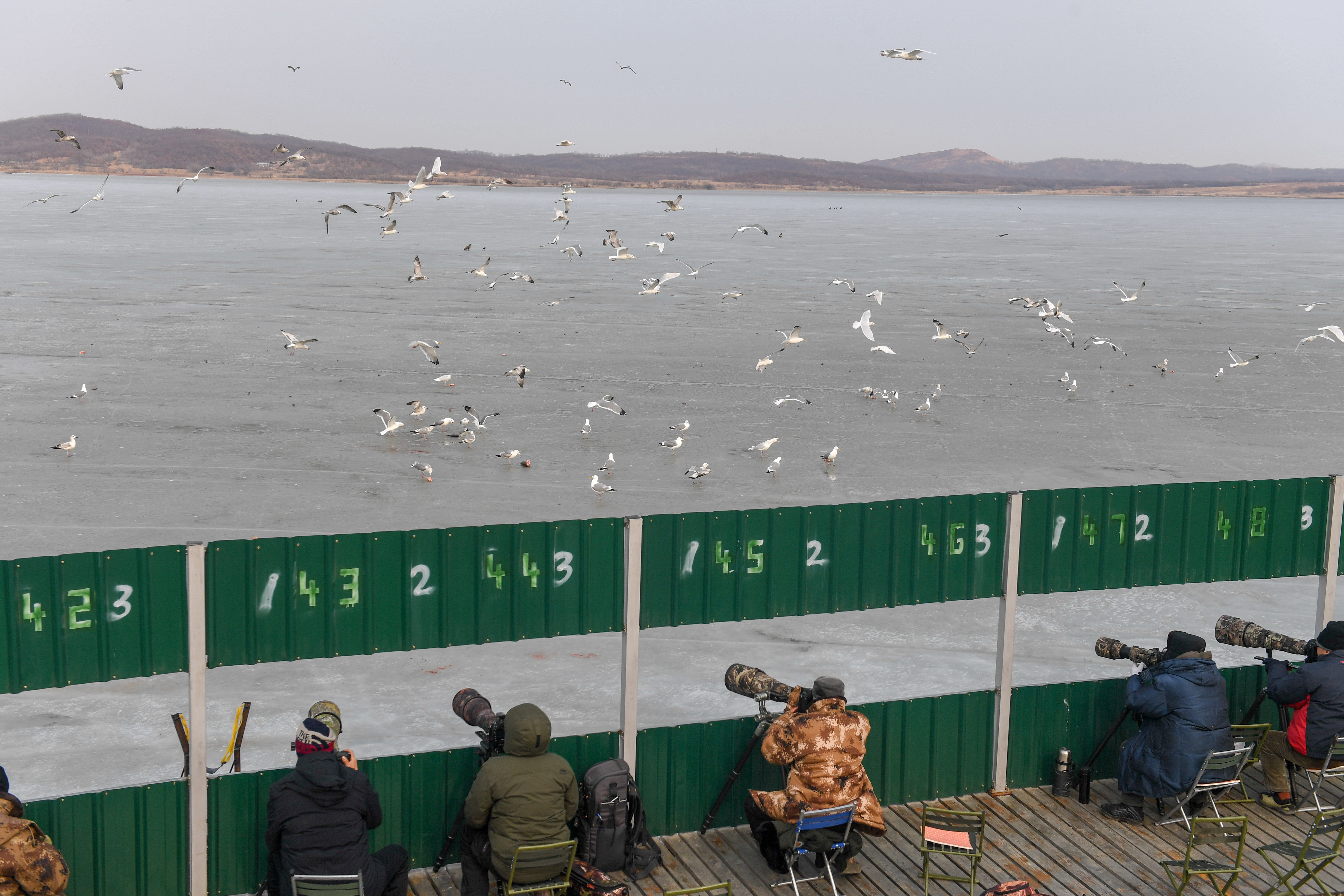 3月11日,在吉林省珲春市敬信湿地的龙山湖,摄影爱好者在湖边拍摄