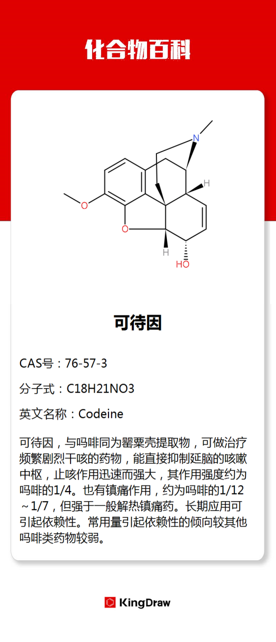 化学# #化合物百科# 可待因,与吗啡同为罂粟壳提取物,可做治疗频繁