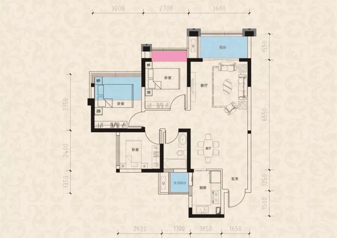 三室两厅单位约75㎡户型图