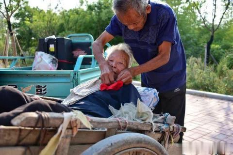 老伴癱瘓八旬老漢用板車拉著妻子散心,趕集,看電影,聽戲,此舉已堅持19