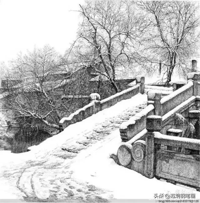 很写实的钢笔画雪景,大师之作,一幅画不知道要画多久