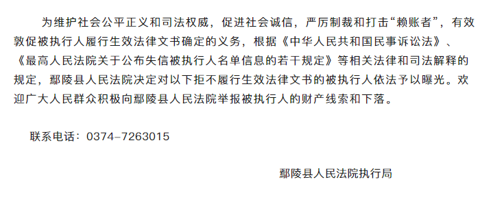 鄢陵县法院曝光一批失信被执行人,你们认识吗?