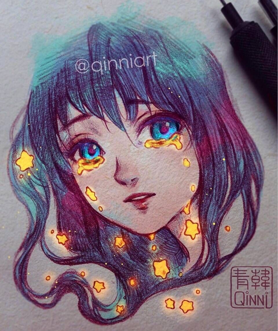 人物绘画,一组画风唯美的少女插画,流星星眼泪的女孩,来自qing han