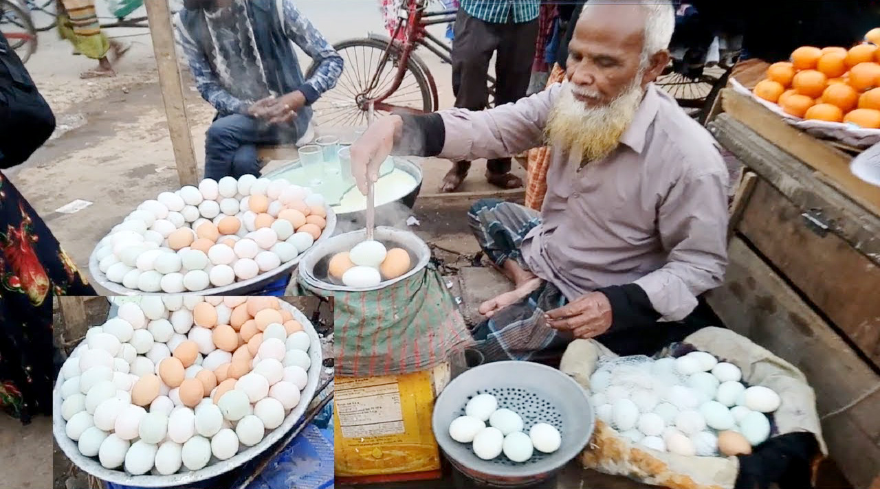 印度街头水煮蛋,摊主剥开蛋壳,加上调料,每天能卖上千个