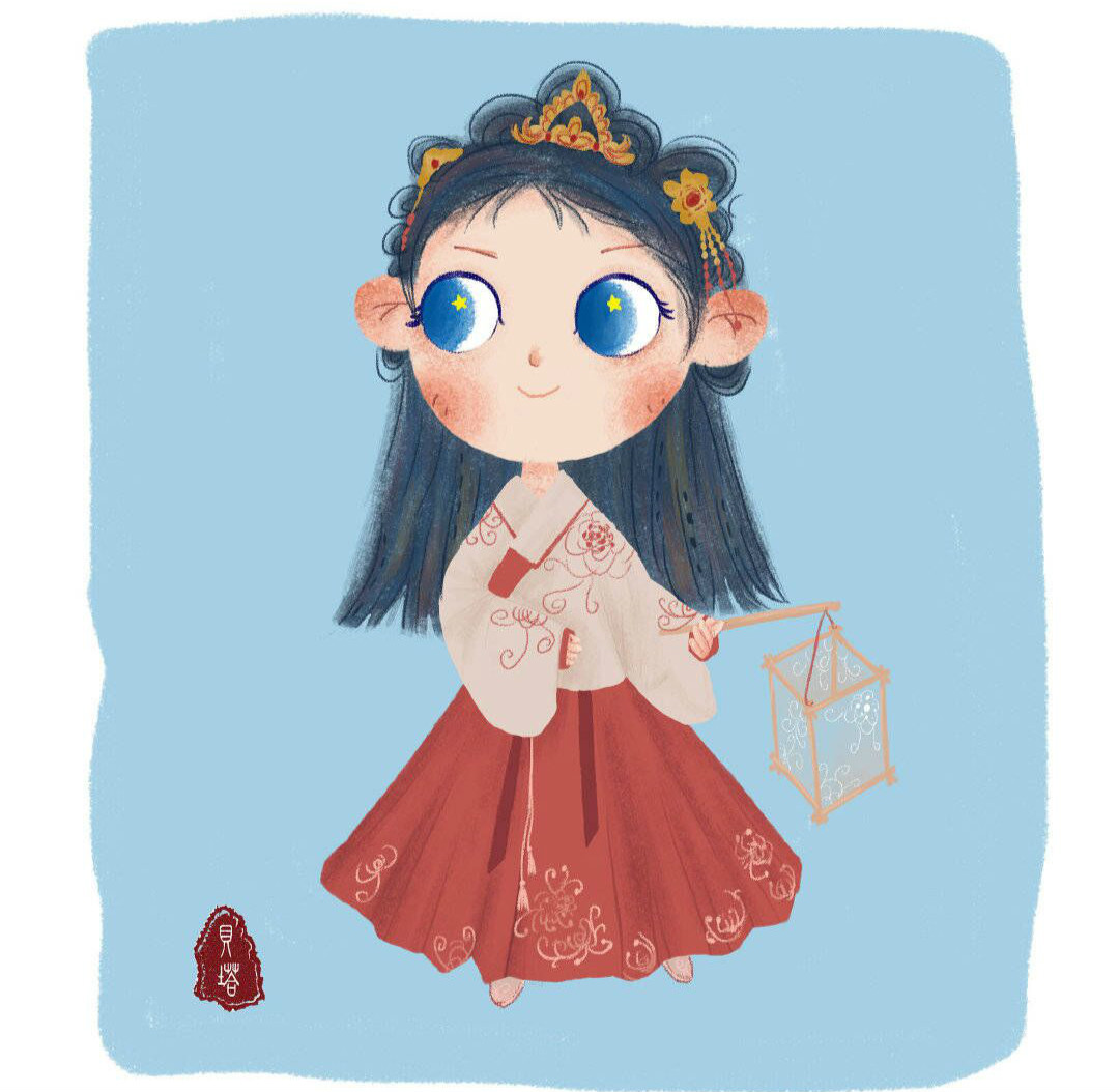 古风q版人物插画,每个小可爱的大眼睛里都住着一个小星星,摸头发的小
