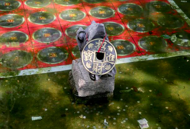 水池内一个金鱼做的元宝张着嘴,在水池的边上有一个木板写着"投硬币撞