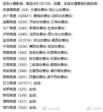 高速路况河南多地大雾橙色预警,这17条高速实施管制