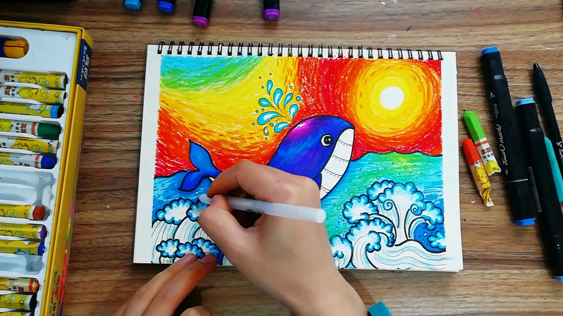 油画棒鲸鱼完整版过程,想要认真学习的宝宝跟着画吧