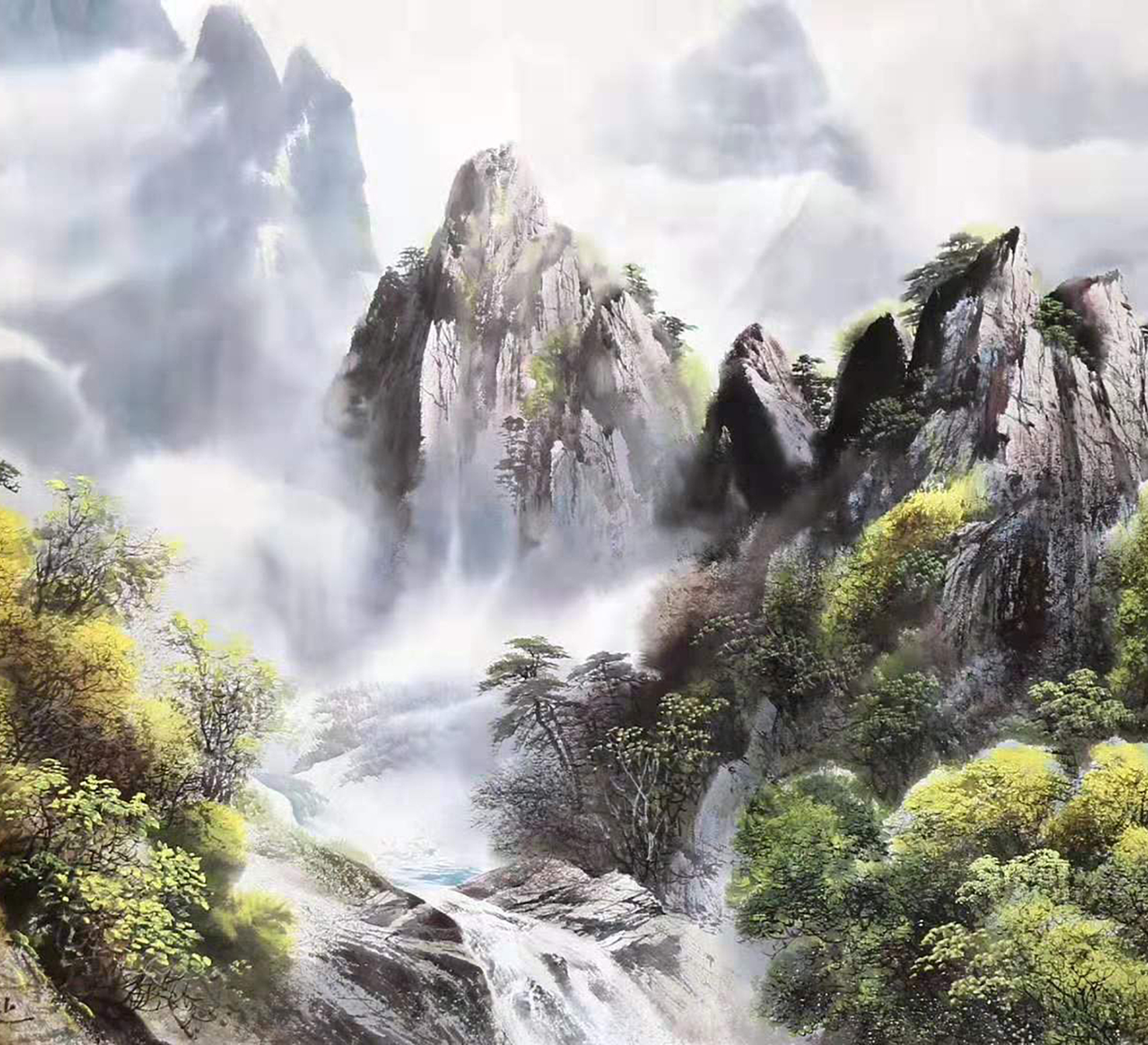 彩墨写意山水画,九龙渊溪谷飞泉图