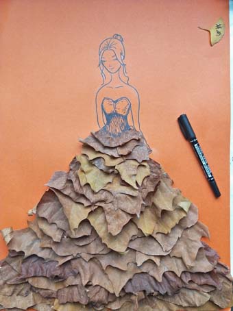 幼儿手工装饰:树叶贴画简笔画优雅的礼服女孩