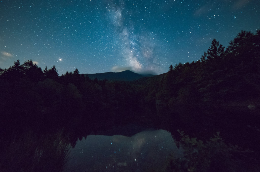 夜晚繁星点点,河边非常的安静,倒影着夜空的景色.