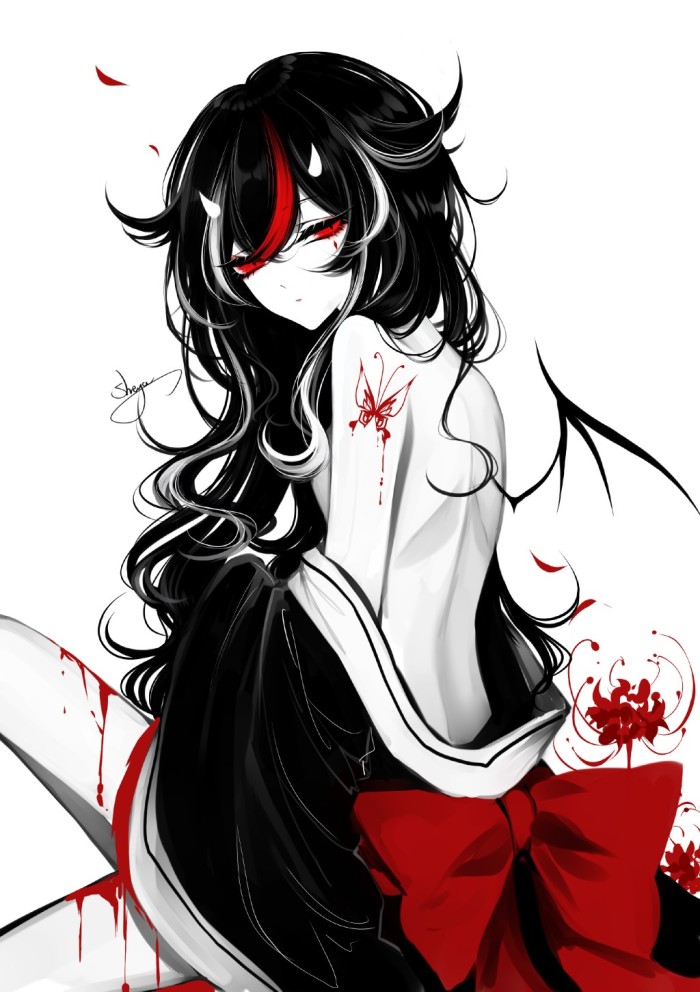 人物插画"暗黑系女孩"黑白色不失美感,红色点缀,神秘又魅惑