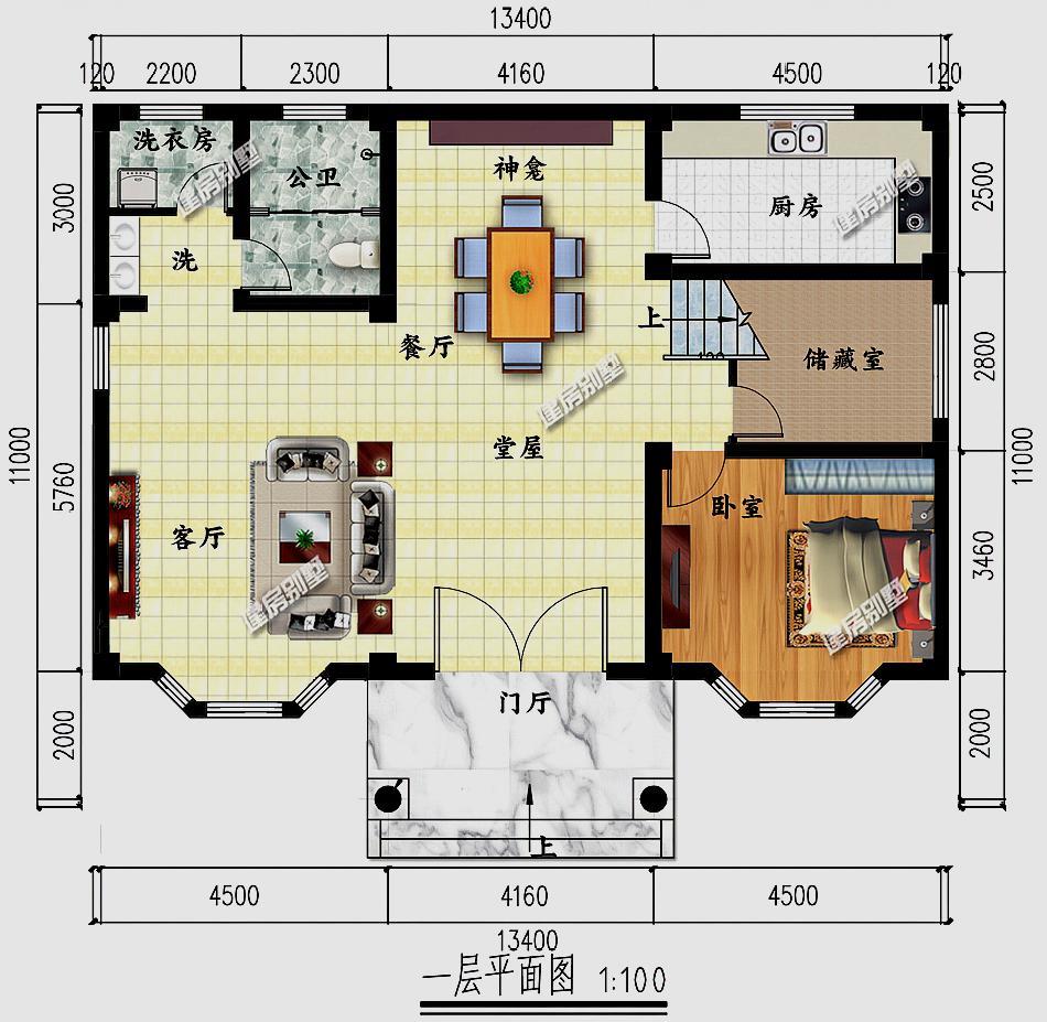 13.4×11三层对称型别墅,带堂屋设计,主体40万