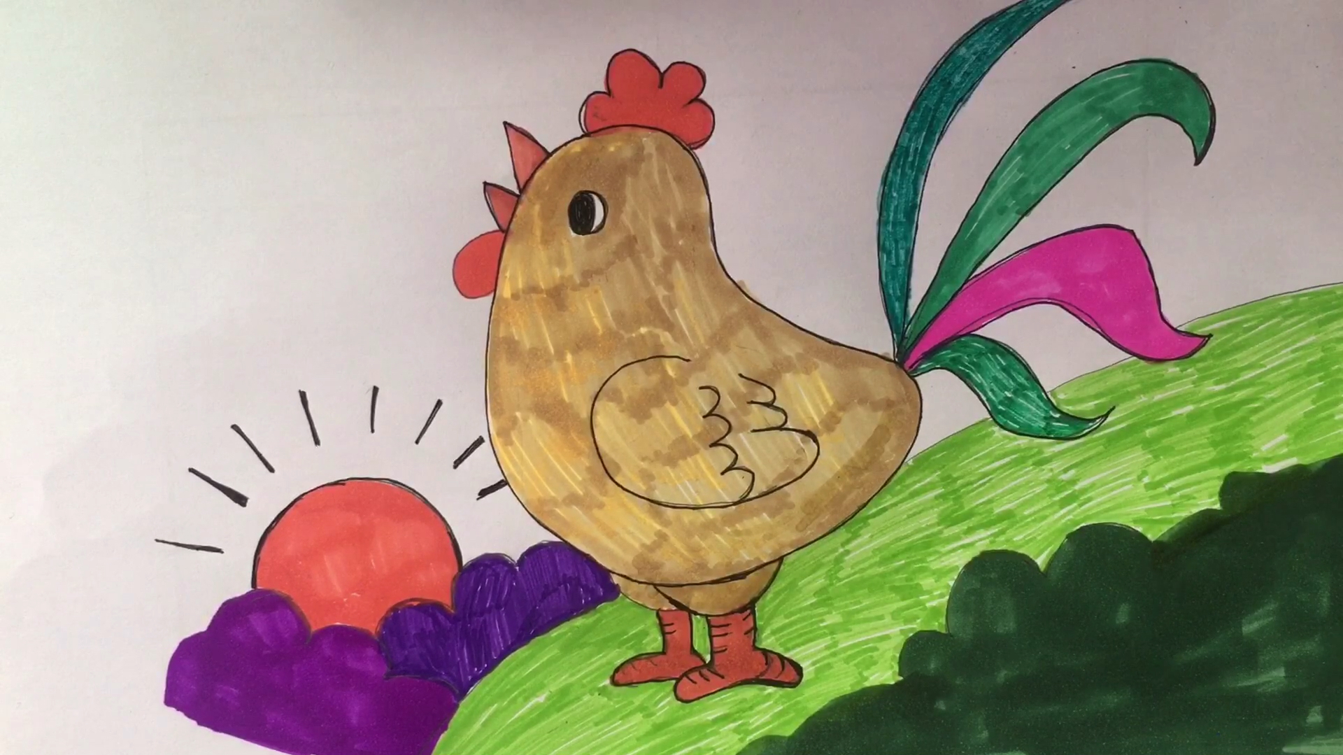 少儿美术手绘基础教程,教你画公鸡打鸣,彩色的尾巴很可爱