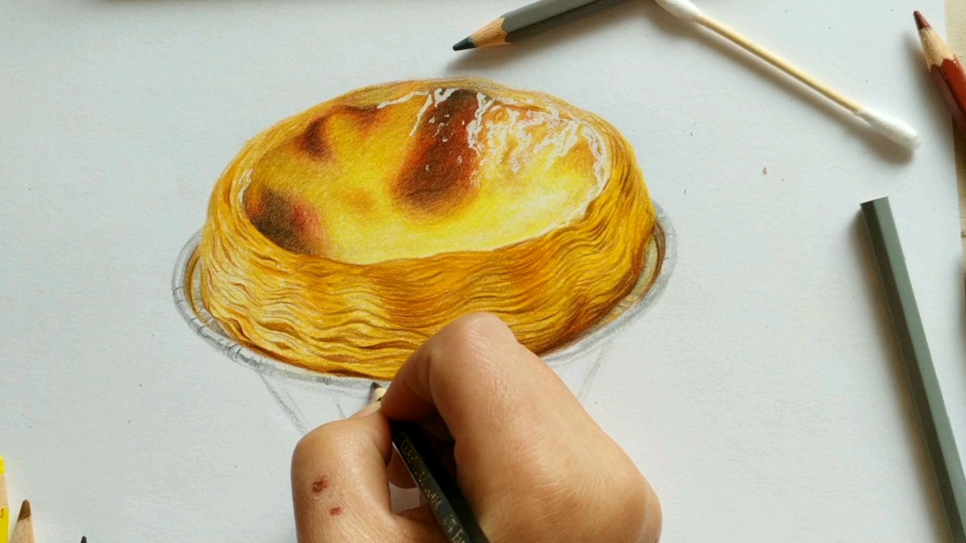 彩铅画超写实蛋挞过程 效果逼真