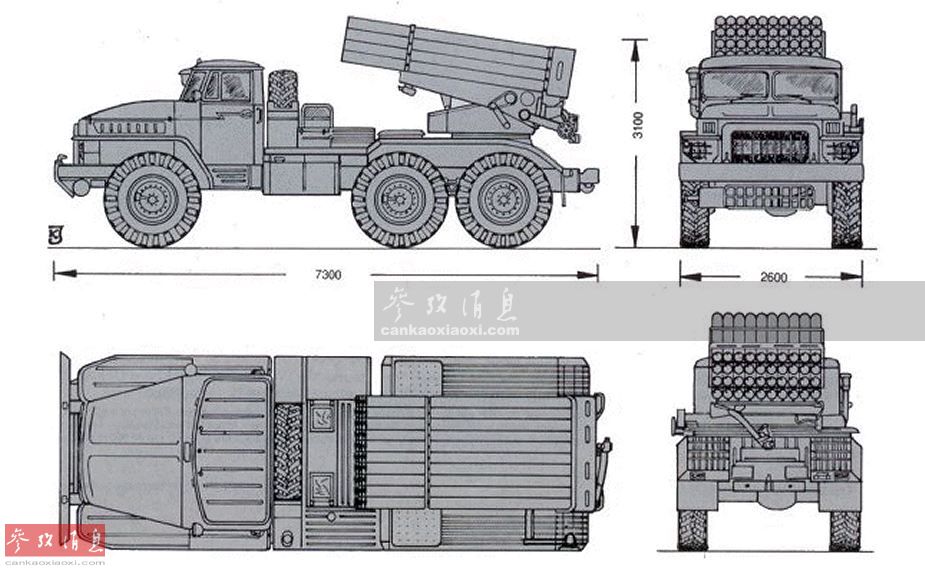图为bm-21"冰雹"多管火箭炮发射车多视图.