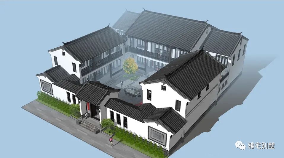 25x27米,两层中式四合院,白墙灰瓦,江南风格调