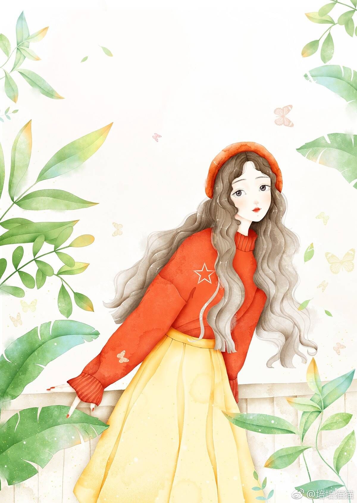 少女板绘,清纯靓丽的美少女插画,颜色鲜明超级棒,戴橘色帽子的卷发