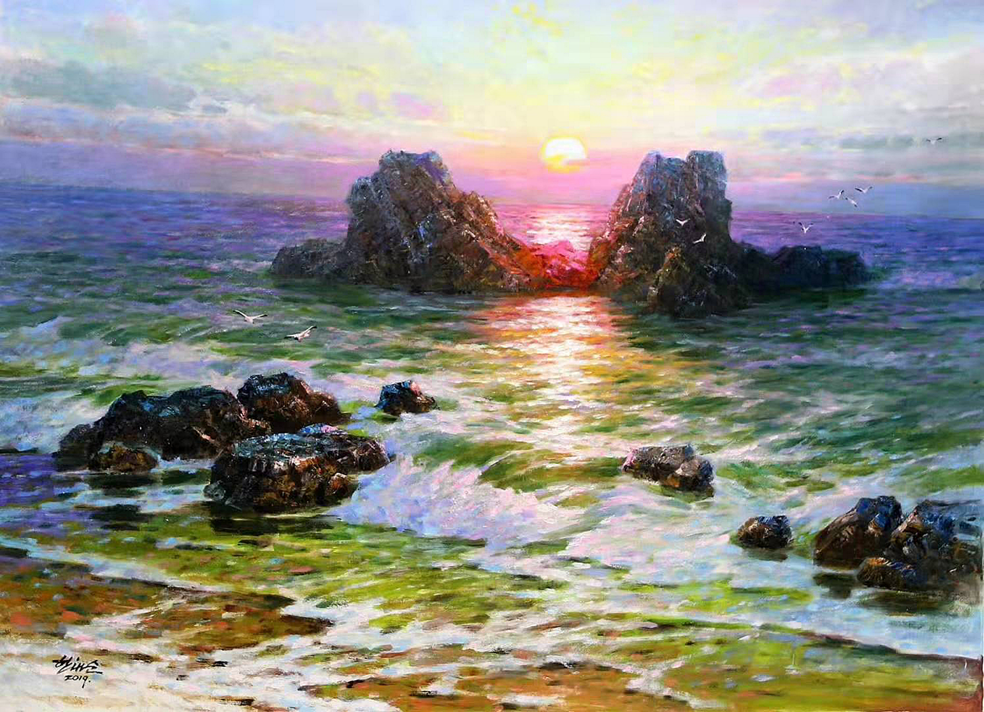 油画:绚丽的海上日出景色