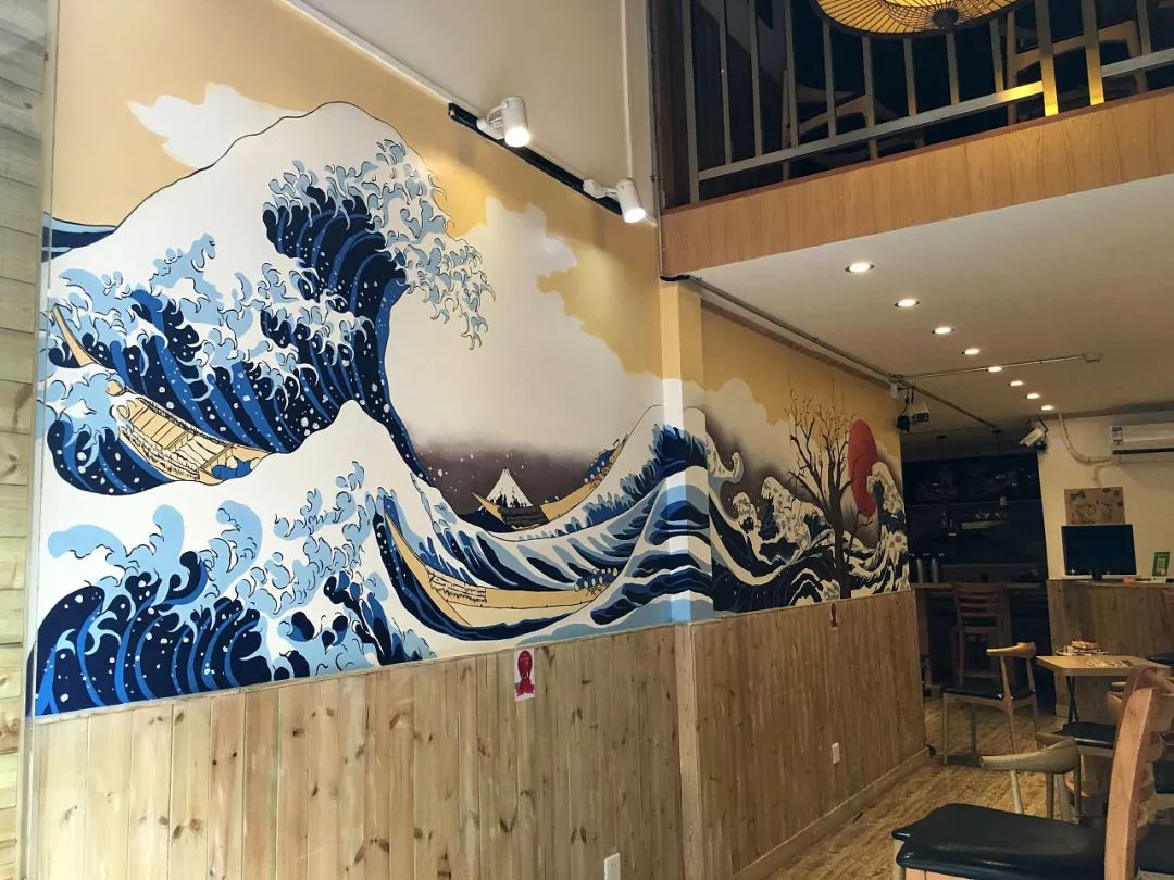 餐厅饭店浮世绘海浪风景墙绘