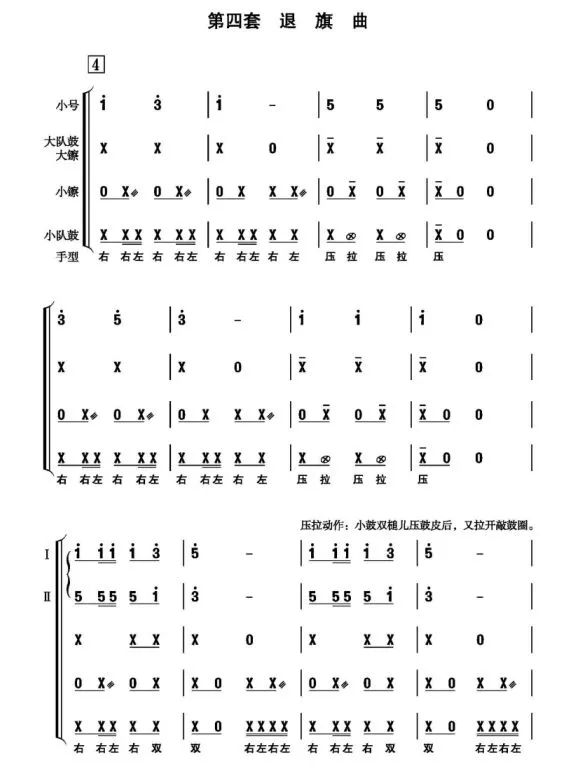 出旗曲,退旗曲,颁奖曲,授巾曲,检阅曲,宣誓曲,迎宾曲,欢送曲,间奏鼓