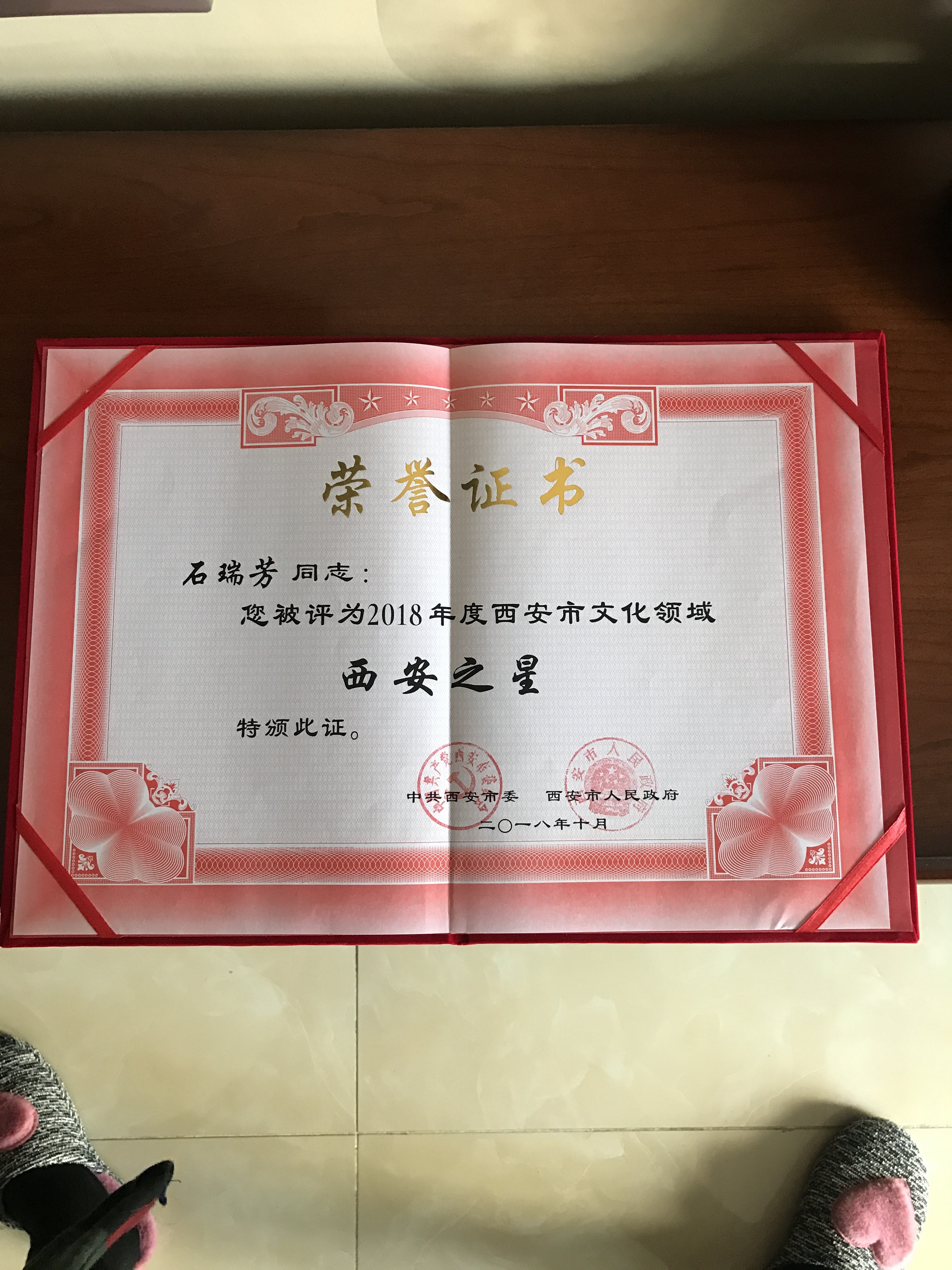 著名书法家石瑞芳荣获首届西安市文化领域"西安之星"称号